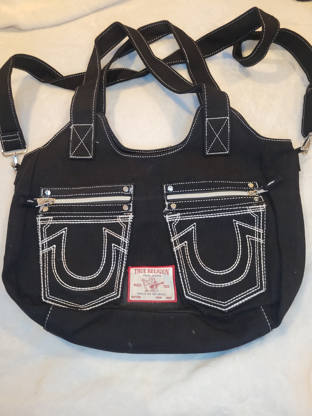 True Religion Black Canvas Shoulder Bag with Contrast Stitching